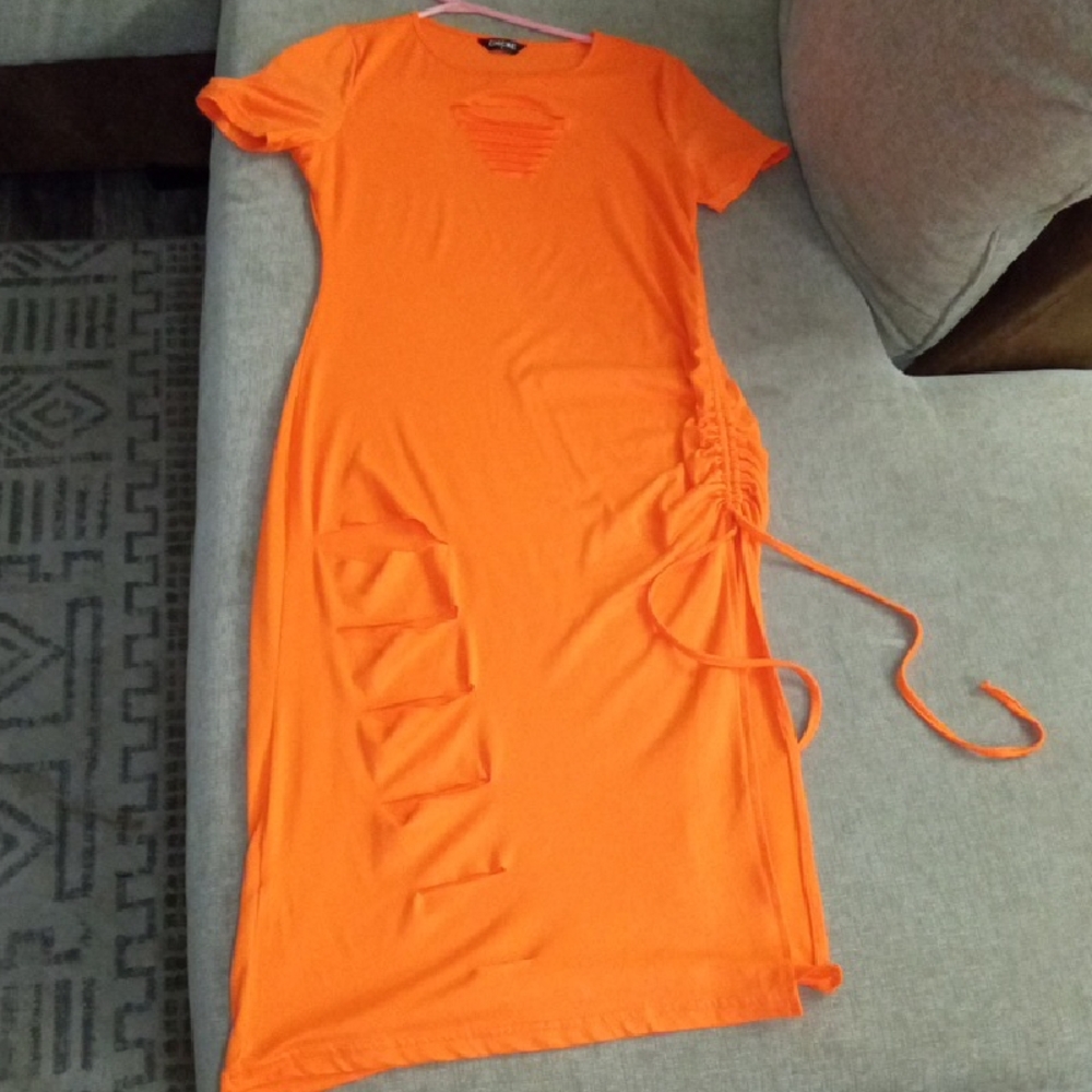 Orange Ruched Tie Front Bodycon Dress
